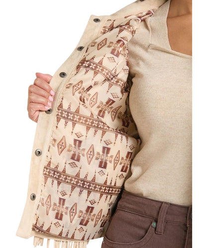 Close-up view of the contrast patterned interior lining on the women's natural jacket