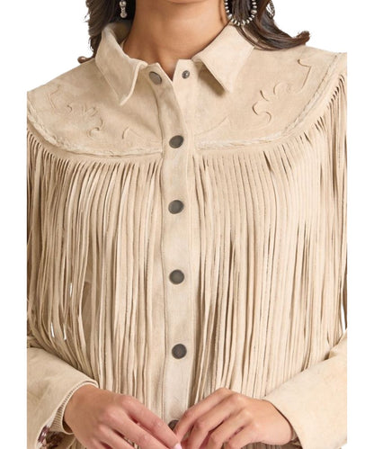 Close-up view of the women's suede fringe jacket in natural featuring the western embroidered yokes and bold fringe
