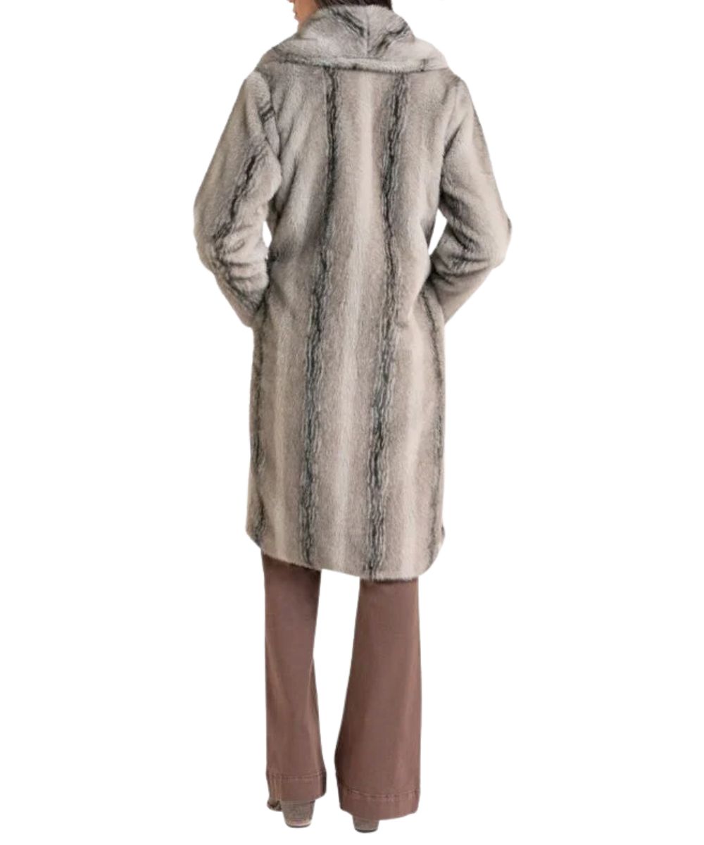 Back view of the women's long faux fur coat in dark grey