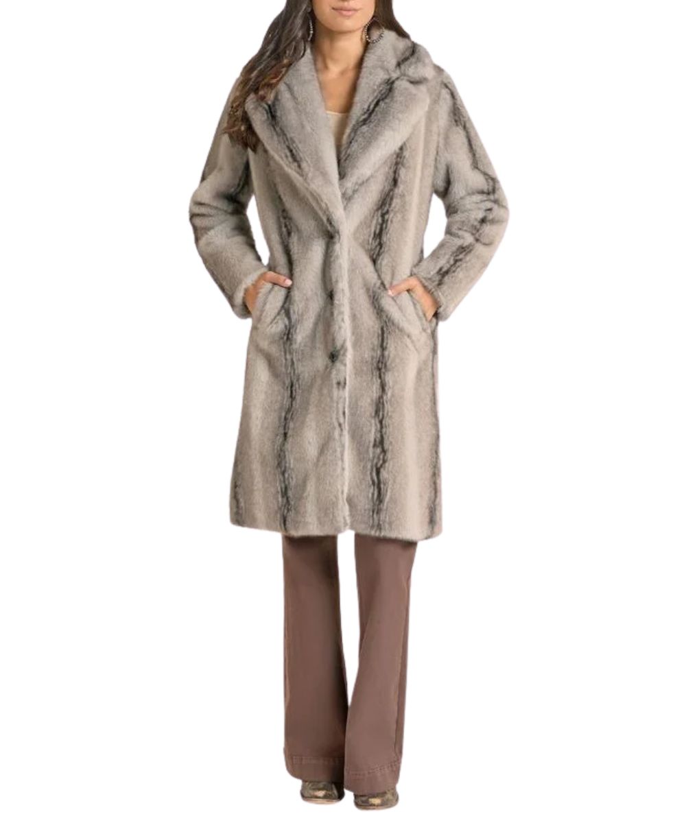 Front view of the women's dark grey Panhandle long fur coat featuring the plush faux fur exterior, oversized notched lapel collar, button closure, hand pockets, and long length