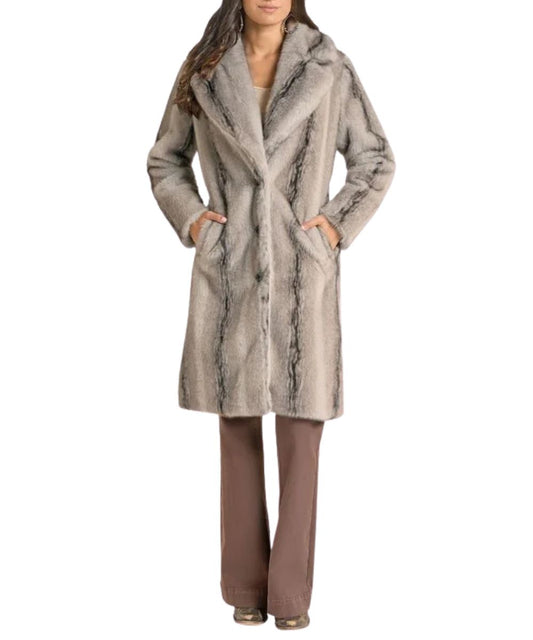 Front view of the women's dark grey Panhandle long fur coat featuring the plush faux fur exterior, oversized notched lapel collar, button closure, hand pockets, and long length