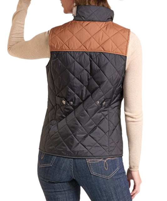 Back view of the women's black sleeveless vest featuring the mock collar and adjustable fit snap back, and the brown color blocked straight back yoke