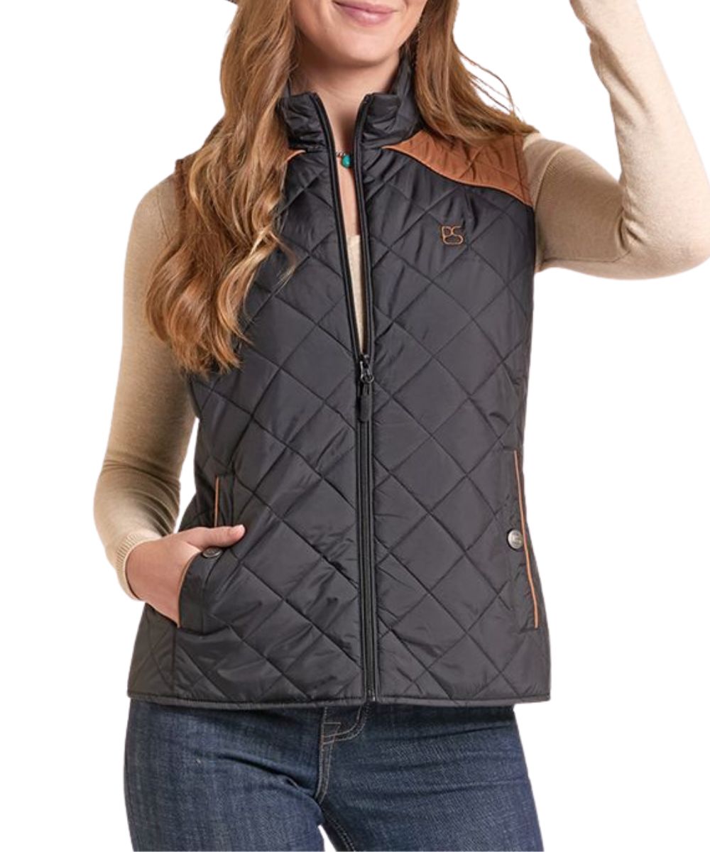 Front view of the women's Panhandle black two-tone quilted vest featuring the zip closure, snap closure hand pockets, and the color blocked yokes
