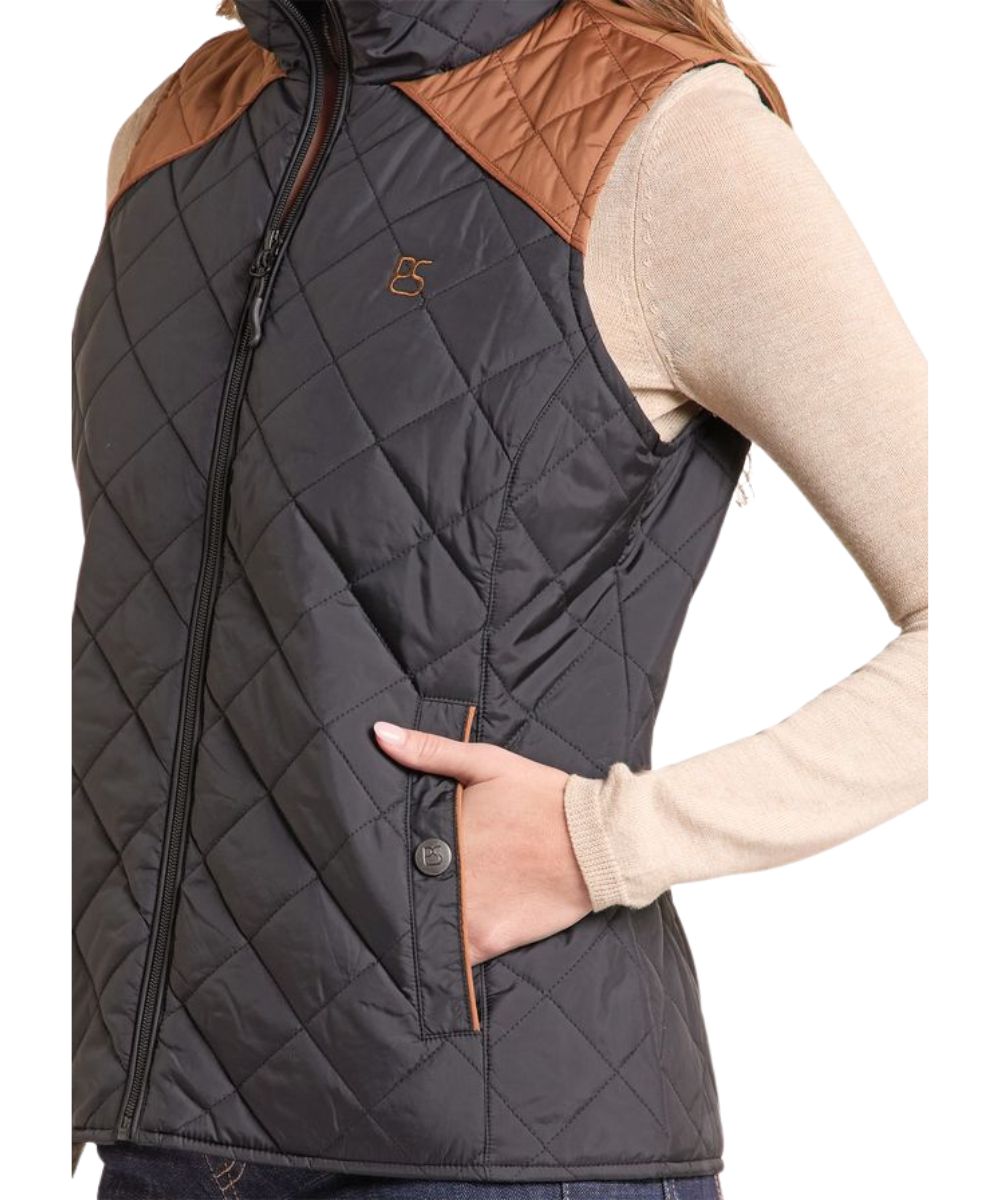 Close-up view of the women's sleeveless black vest featuring the two-tone box quilted design