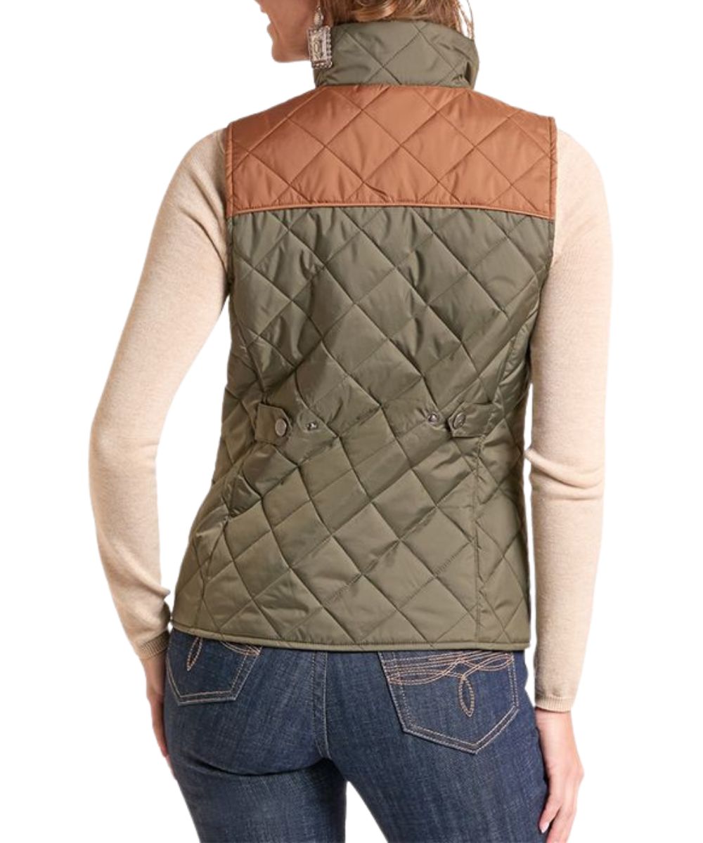 Back view of the women's olive sleeveless vest featuring the mock collar and adjustable fit snap back, and the brown color blocked straight back yoke