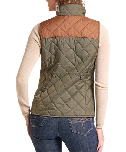 Back view of the women's olive sleeveless vest featuring the mock collar and adjustable fit snap back, and the brown color blocked straight back yoke