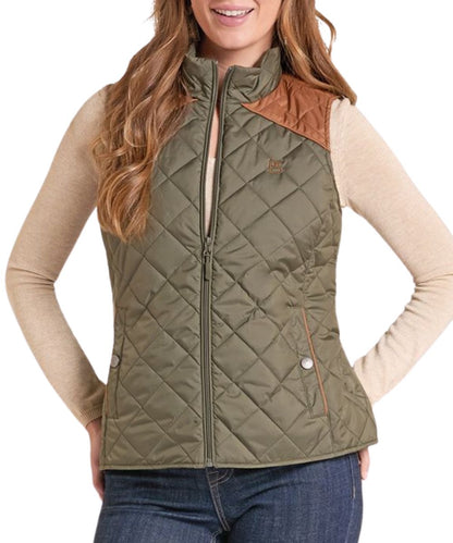 Front view of the women's Panhandle olive two-tone quilted vest featuring the zip closure, snap closure hand pockets, and the color blocked yokes
