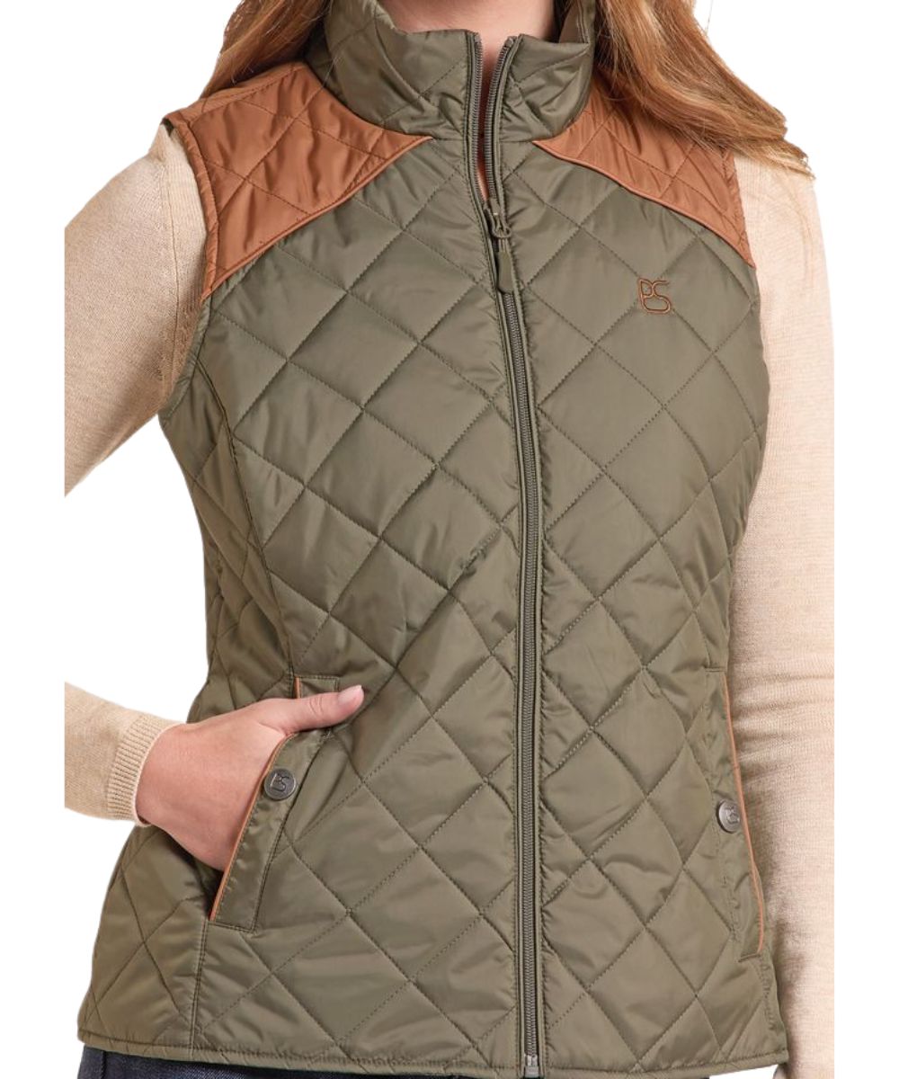 Close-up view of the women's sleeveless olive-green vest featuring the two-tone box quilted design