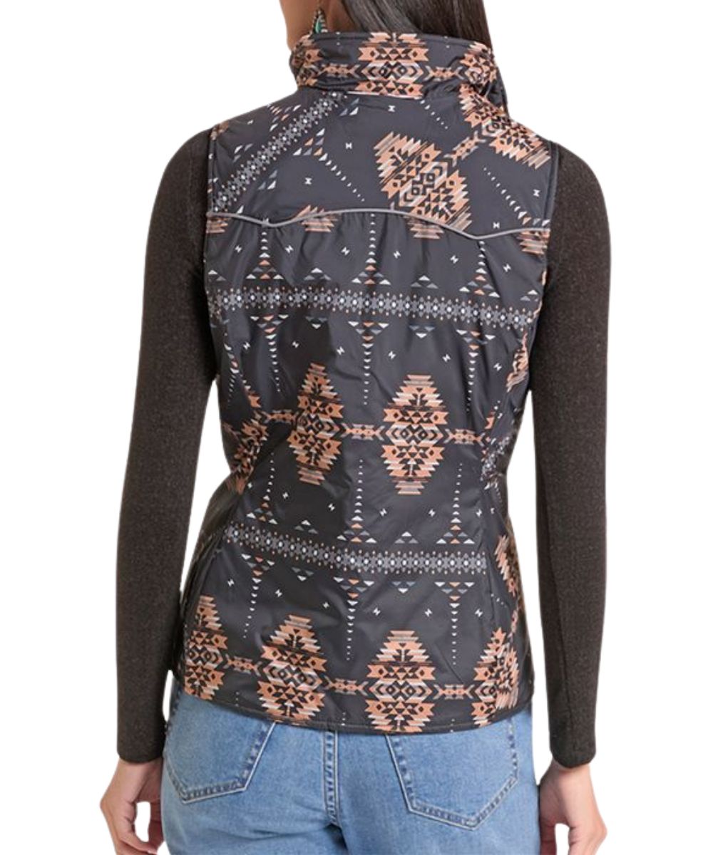 Back view of the women's black aztec reversable vest featuring the double pointed back yoke with grey piping, and the mock collar
