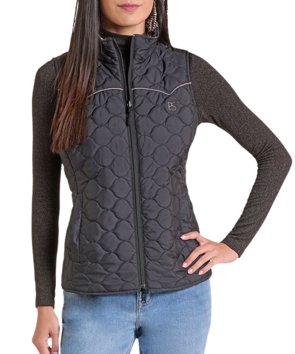 Front view of the black quilted reverse side featuring the two-way zipper closure, hand pockets, water resistance, logo heat transfer on chest, and western yokes