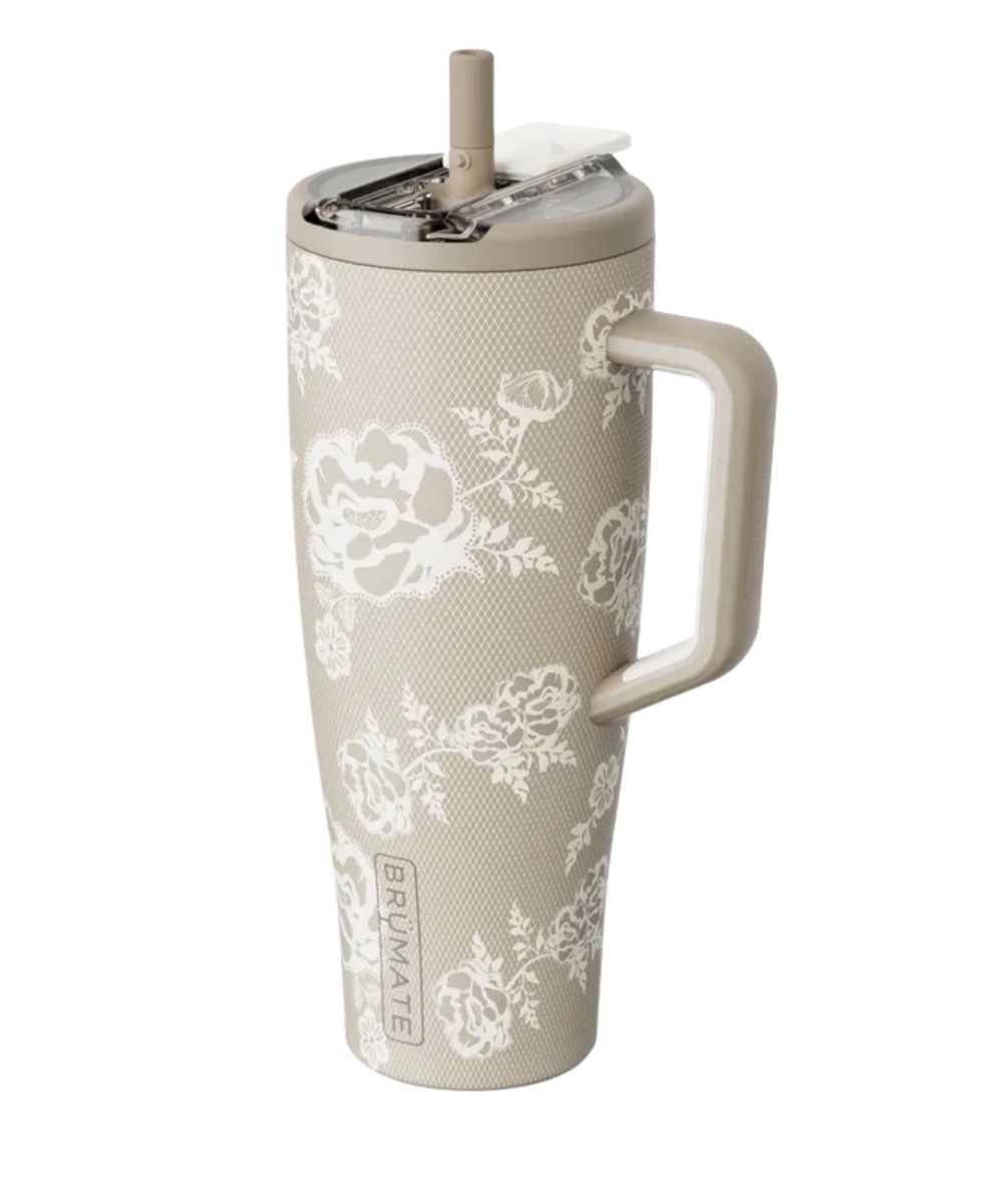 Side view of the 40 oz Era Flip Brumate Tumbler featuring the cream lace design and floral print
