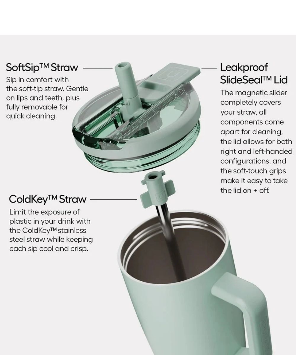 A product explainer graphic showing a mint green insulated tumbler with a removable straw and callout labels for SoftSip™ Straw, Leakproof SlideSeal™ Lid, and ColdKey™ Straw on a light gray background.