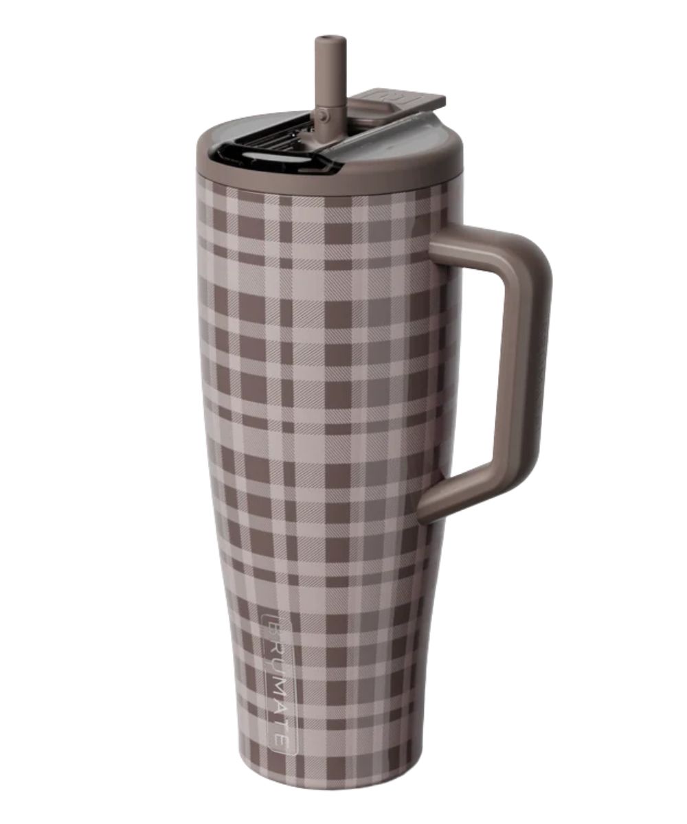 Side view of the pecan plaid Brumate 40oz tumbler featuring the flip-top straw lid