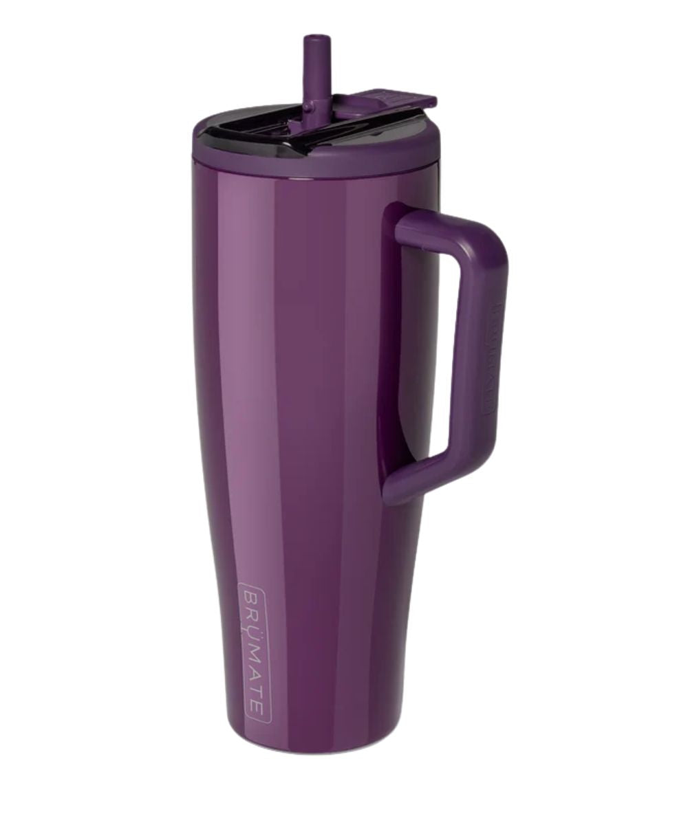 Side view of the 40 oz Brumate Era Flip Tumbler in Plum featuring the flip straw lid that keeps your straw covered