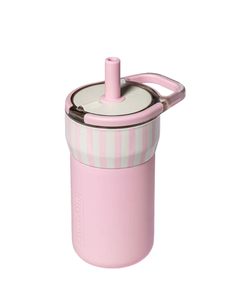 Side view of the 12 oz strawberries & cream kids' tumbler with leakproof straw lid