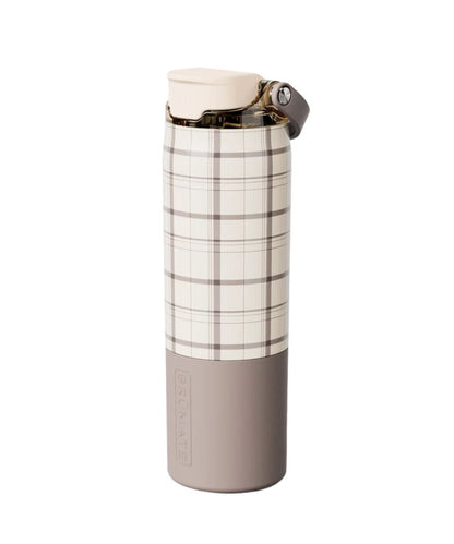 A tall reusable water bottle with a cream and brown plaid pattern on the upper half and a solid taupe lower half, featuring a cream lid and a small dark carrying loop, shown on a white background.