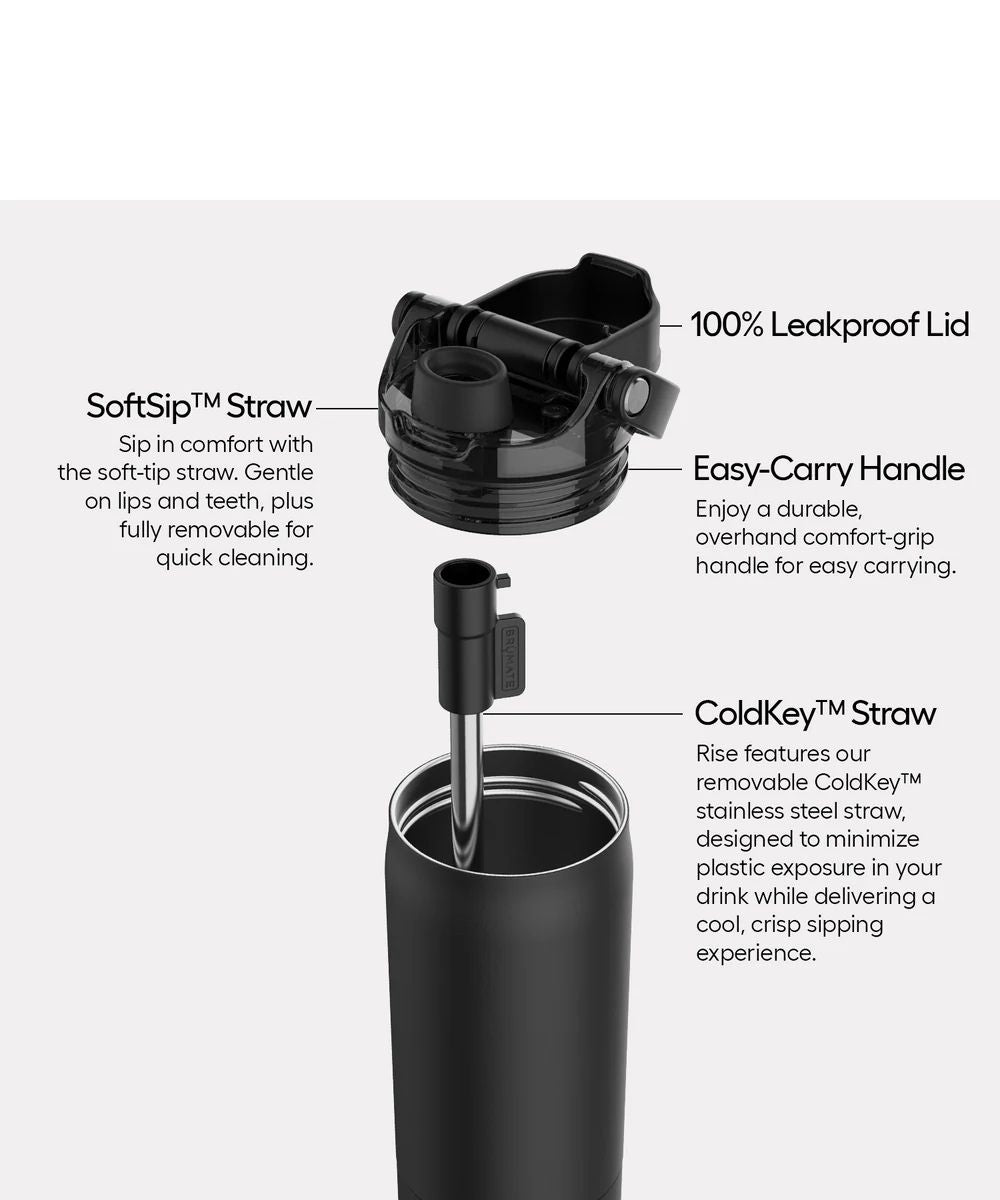 A black insulated tumbler with a separated lid and straw assembly shown on a light gray background, with callout labels describing the SoftSip™ Straw, 100% Leakproof Lid, Easy-Carry Handle, and ColdKey™ Straw.