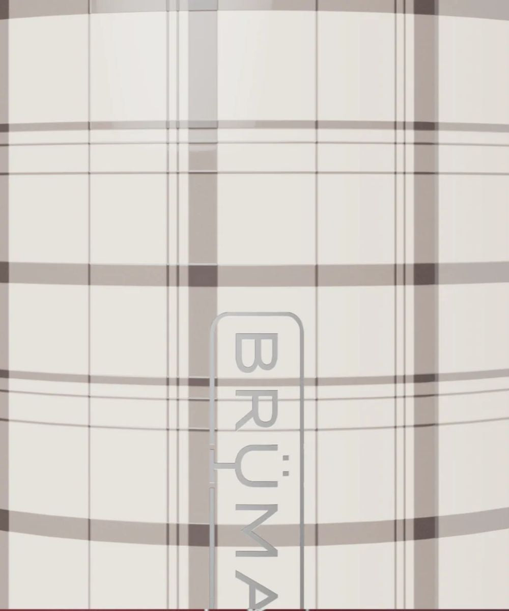 A close-up of a plaid fabric pattern in beige, gray, and white, with a vertical semi-transparent BRÜMATE watermark.
