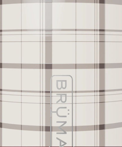 A close-up of a plaid fabric pattern in beige, gray, and white, with a vertical semi-transparent BRÜMATE watermark.