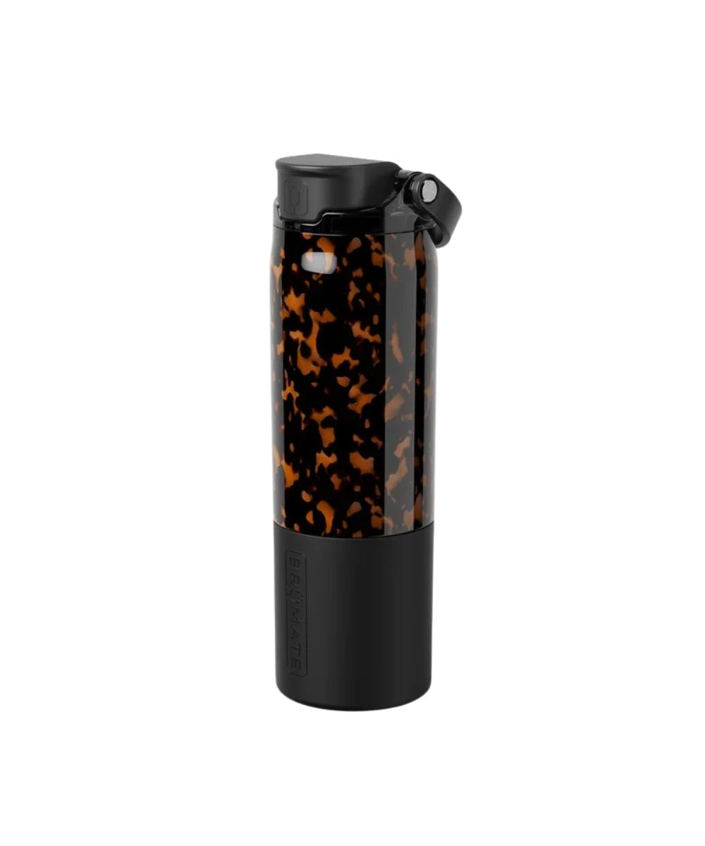 A cylindrical travel water bottle with a black and brown tortoiseshell patterned body and a solid black base, featuring a black flip-top lid with a small attached flip cap, shown on a plain white background.