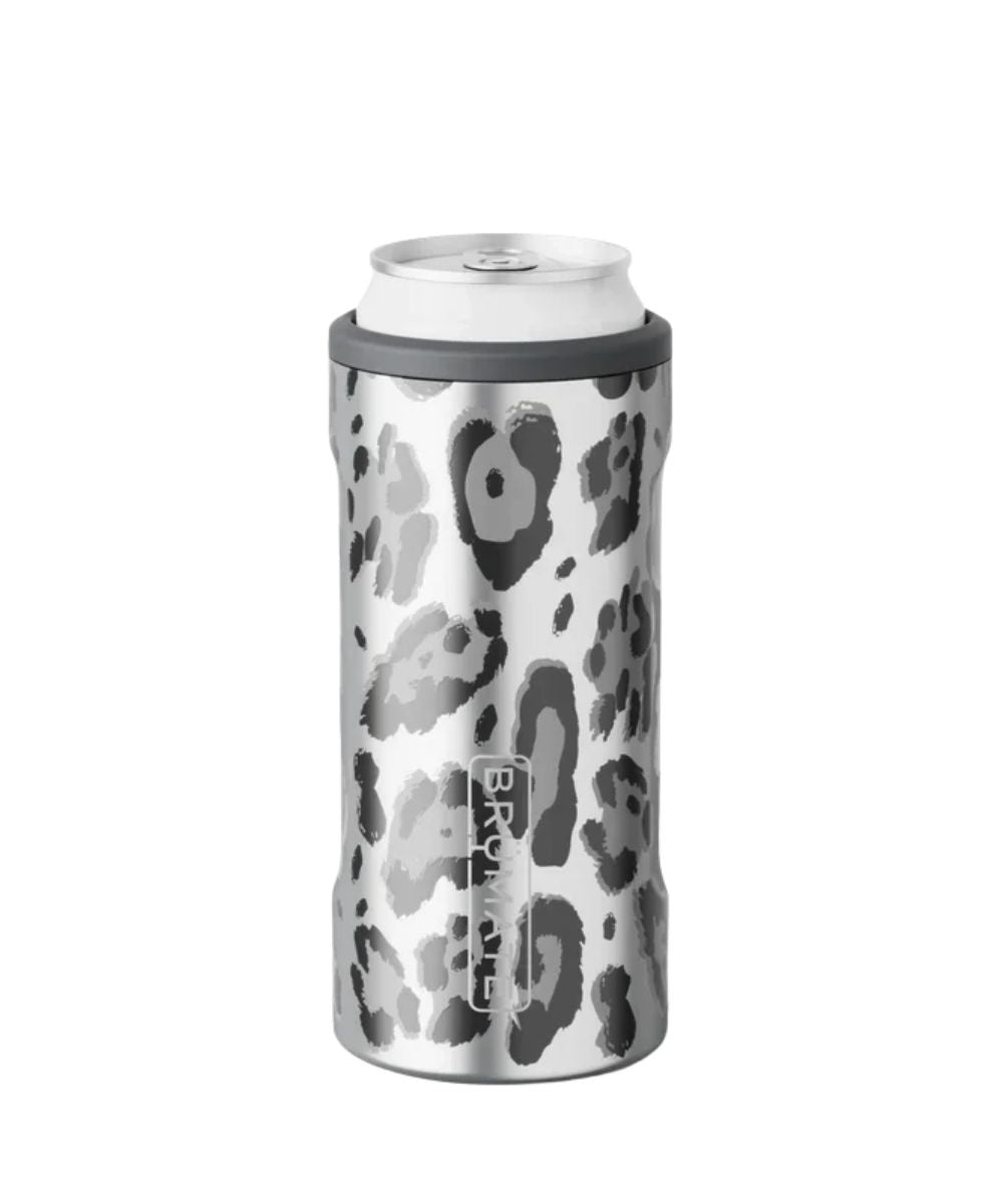 Side view of the metallic leopard 12 oz. Brumate Hopsulator Slim Can Cooler