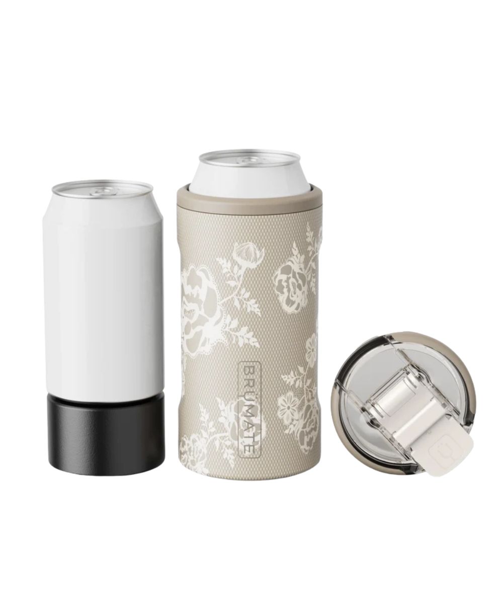 Brumate Hopsulator Trio in cream lace for 12 & 16 oz cans featuring the floral print, freezable adapter for 12 oz cans, and the lid to convert to a tumbler