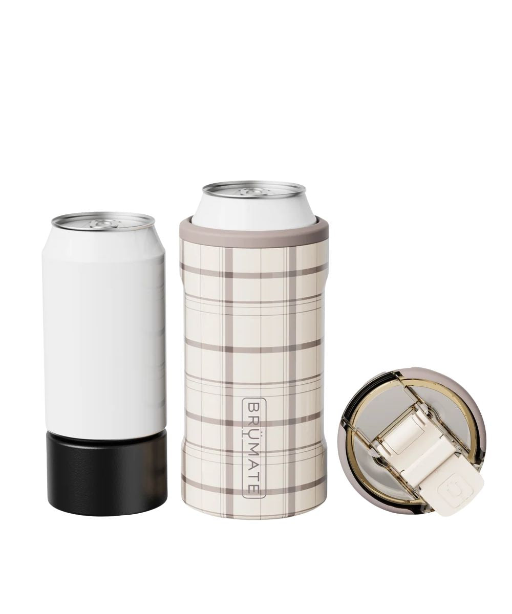 A can cooler set on a white background, featuring a beige and brown plaid insulated sleeve with a can inside, a plain white can with a black base, and a separate matching lid with a cream flip-top cap.