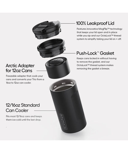 A black insulated can cooler shown with exploded view callouts and text describing features: 100% leakproof lid, push-lock gasket, Arctic adapter for 12oz cans, and 12/16oz standard can cooler compatibility.