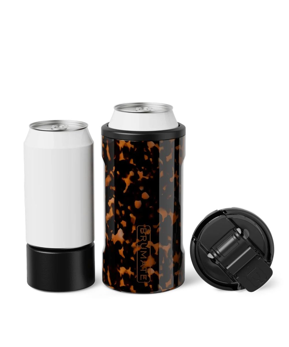 A can cooler shown on a white background, featuring a black and brown tortoiseshell patterned body, a black base, a white sleeve on the left can, and a separate black lid placed to the right.