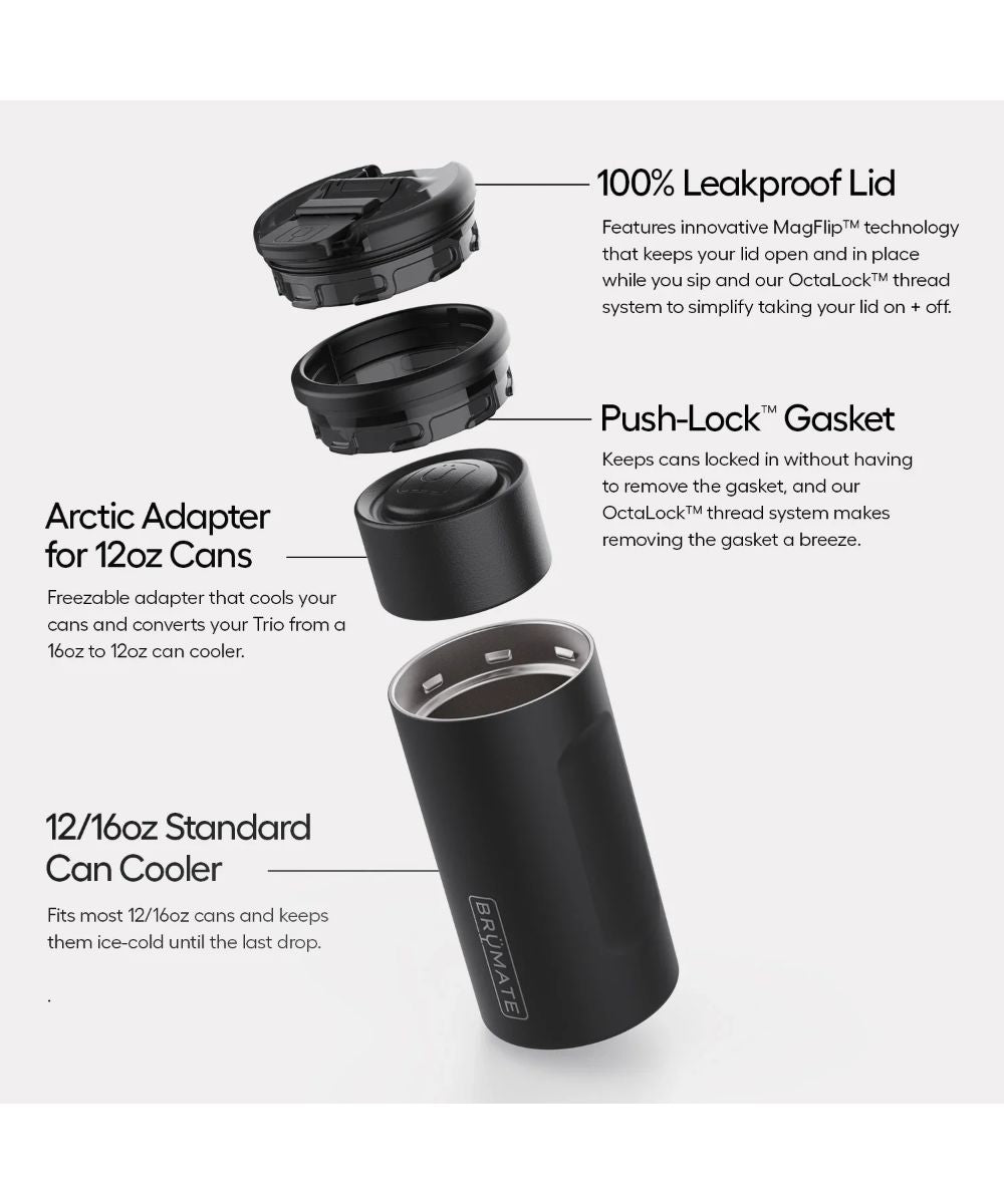 A black insulated can cooler shown with exploded view callouts and text describing features: 100% leakproof lid, push-lock gasket, Arctic adapter for 12oz cans, and 12/16oz standard can cooler compatibility.