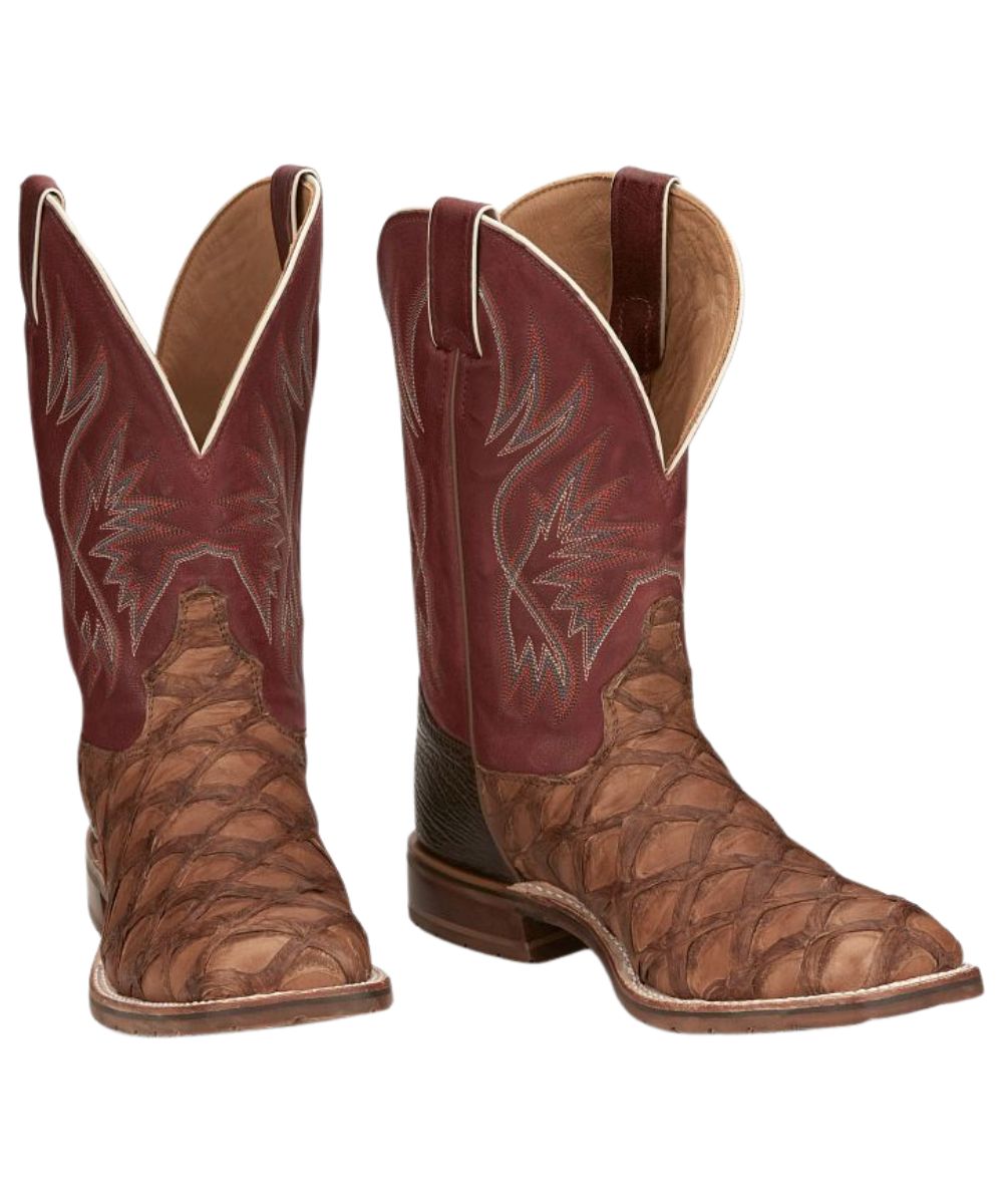 Men's 11-inch exotic western boots with toffee brown pirarucu leather vamp and burgundy goat leather shaft, angled pair view