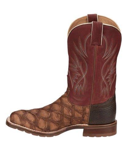 Left side view of men's exotic western boot showing leather pull tabs and burgundy shaft
