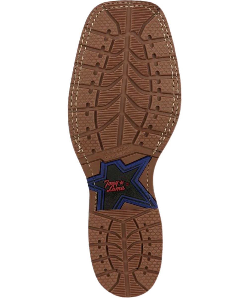 Bottom view of boot showing oil-and slip-resisting TPU rubber outsole