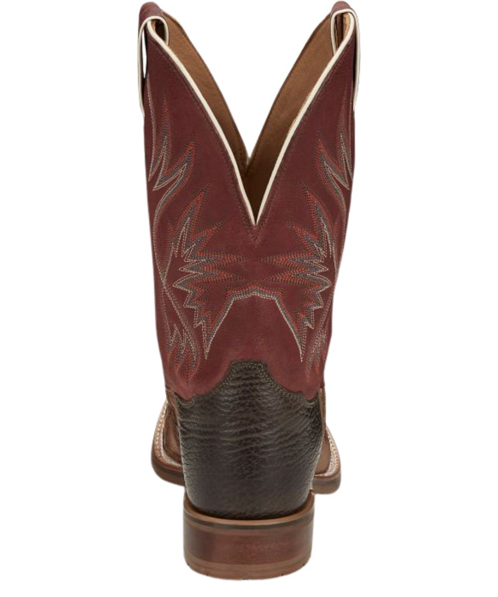 Rear view of men's exotic western boot showing 1 1/8-inch walking heel with spur ledge