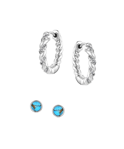 Women's Earring Set Featuring Twisted Hoop Earrings And Crafted Turquoise Post Earrings