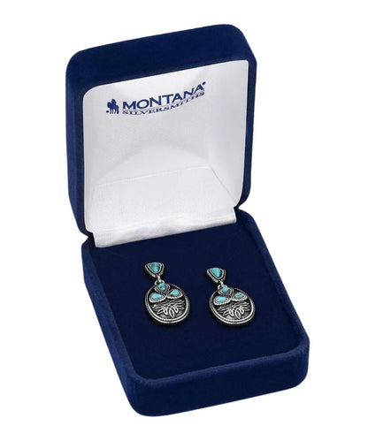 Boxed view of the women's boot stitch turquoise earrings