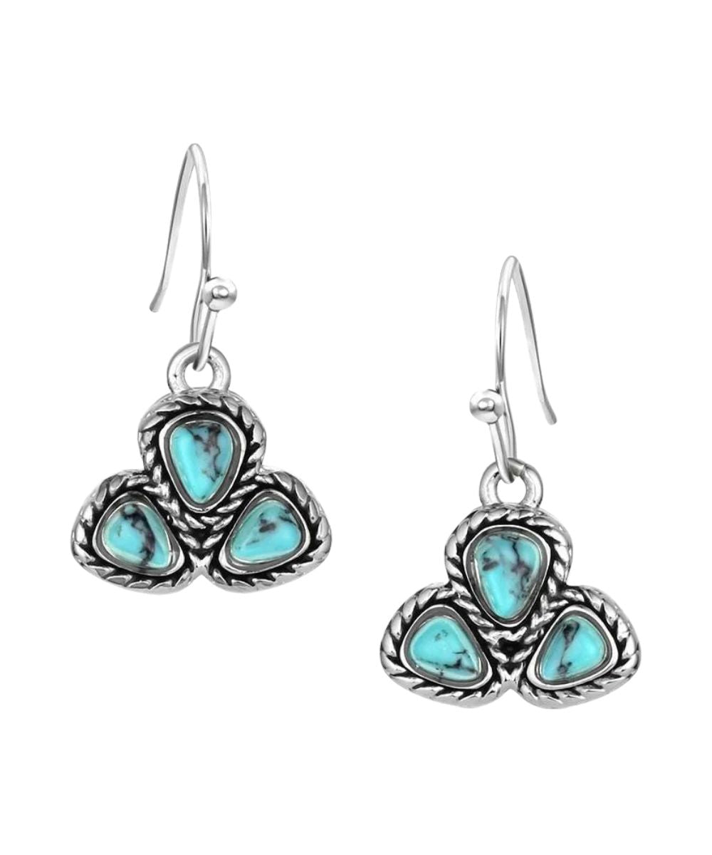 Front view of the women's silver dangle earrings featuring the crafted turquoise stones
