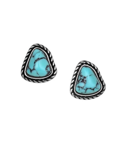 Front view of the women's silver post earrings featuring the crafted turquoise stones
