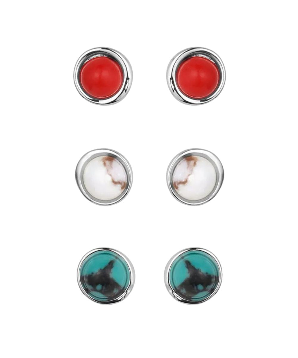 Front view of the women's patriotic post earring set featuring three pairs of earrings in red, white, and turquoise/blue