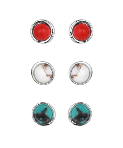 Front view of the women's patriotic post earring set featuring three pairs of earrings in red, white, and turquoise/blue