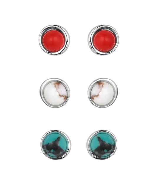 Front view of the women's patriotic post earring set featuring three pairs of earrings in red, white, and turquoise/blue