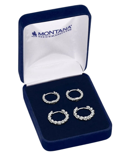 Boxed view of the women's twisted up hoop earring set