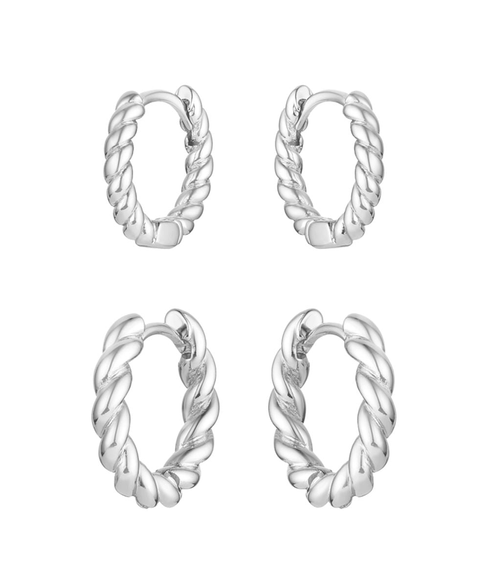 Front view of the women's silver twisted rope hoop earrings