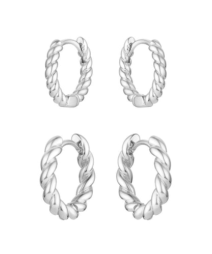 Front view of the women's silver twisted rope hoop earrings