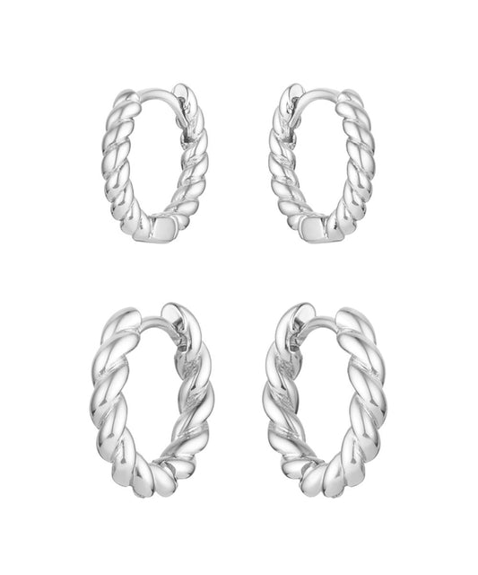 Front view of the women's silver twisted rope hoop earrings