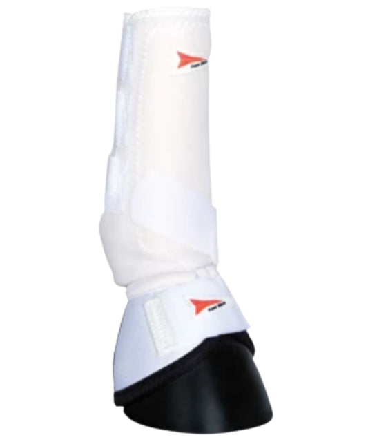 Model view of the white Fast Back bell boot modeled on a horse, sport boots sold separately