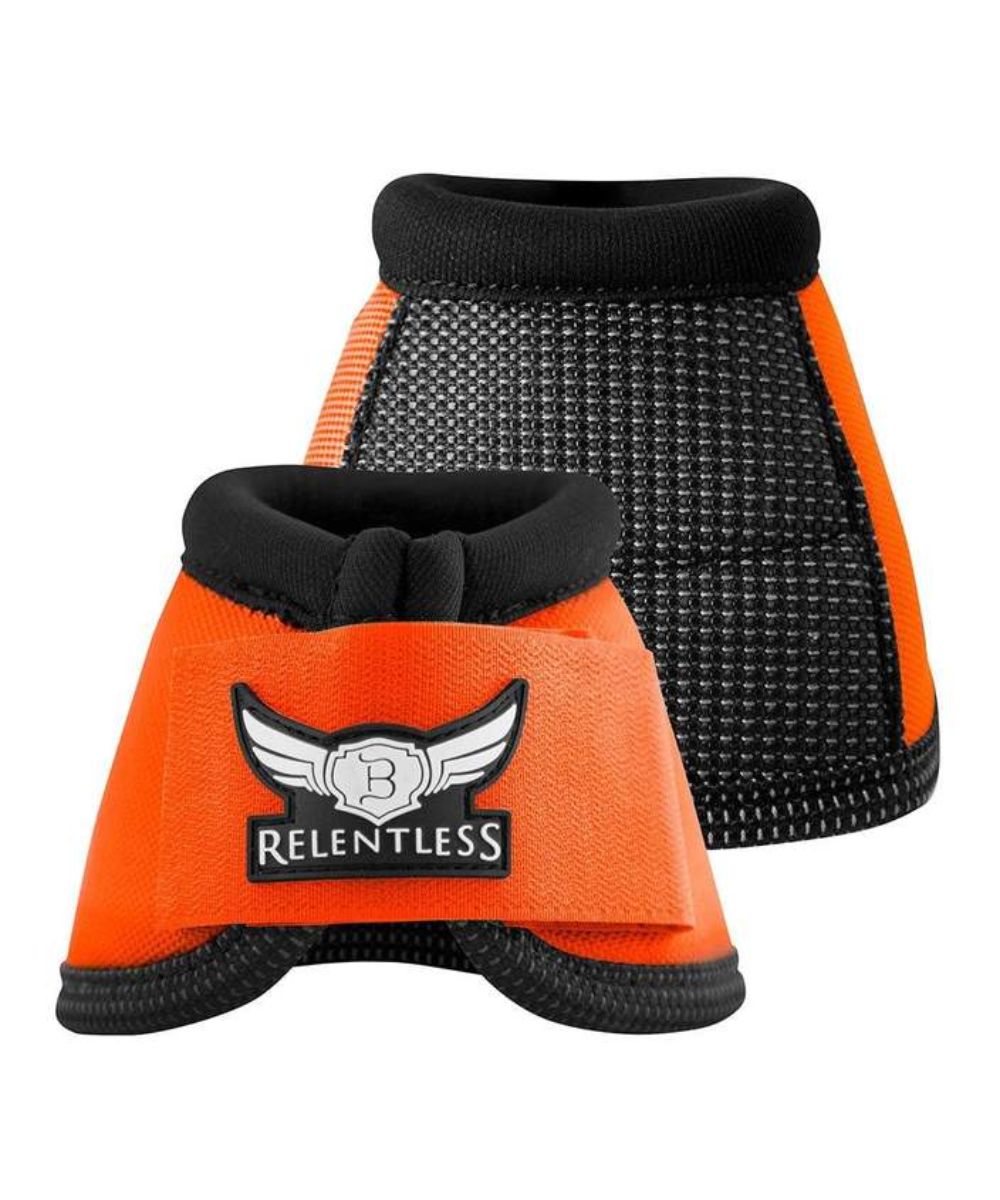 Black and bright orange bell boots for horses with a white background