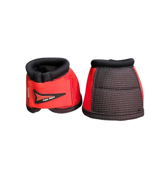A pair of horse boots shown from the front and side against a plain white background. The boots are red and black with a textured mesh pattern on the sides and a padded black lining.