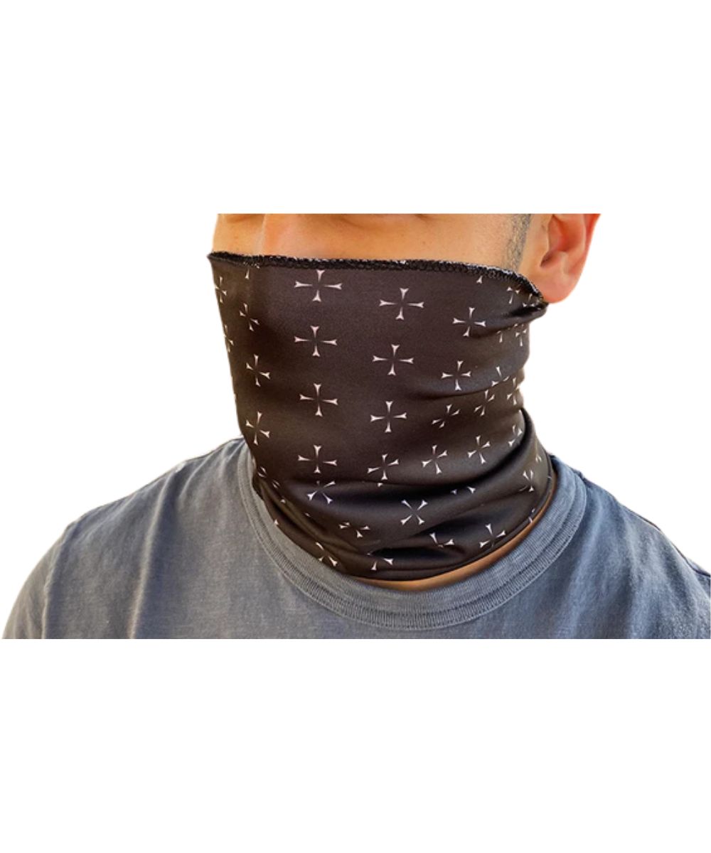 Model view of the black neck gaiter with a rocket pattern print