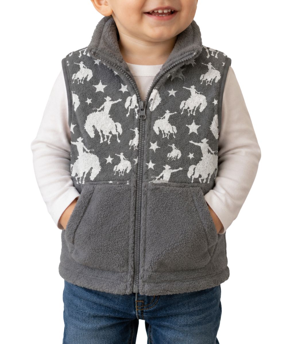 Model view of the toddler boy's gray fleece vest featuring a star and bronc printed chest
